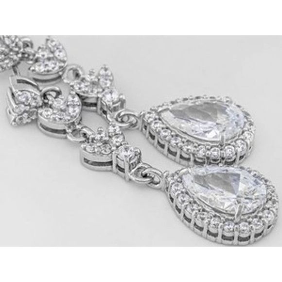 Exquisite Platinum & Silver Diamond Simulant Pierced Dangle Earrings - Picture 3 of 4